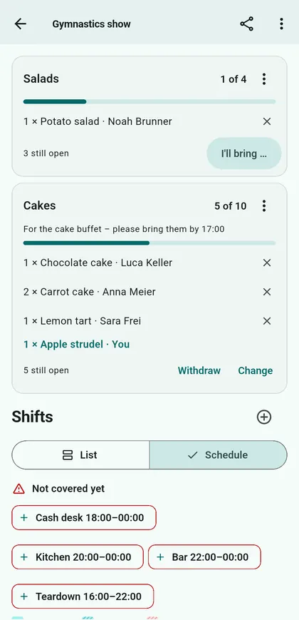 Mitbringliste mit Salaten und Kuchen